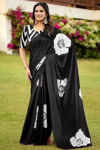 Black printed cotton saree with blouse piece