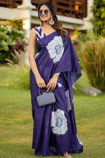 Purple printed cotton saree with blouse piece
