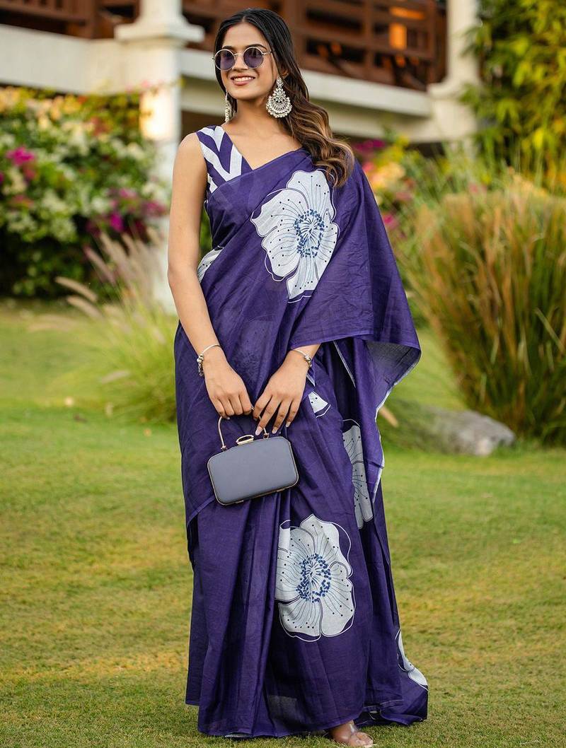 Purple printed cotton saree with blouse piece