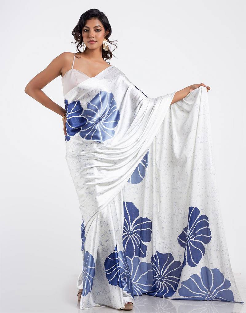 Blue printed satin saree with blouse piece