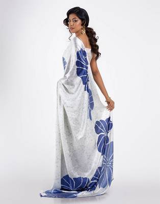 Blue printed satin saree with blouse piece 3