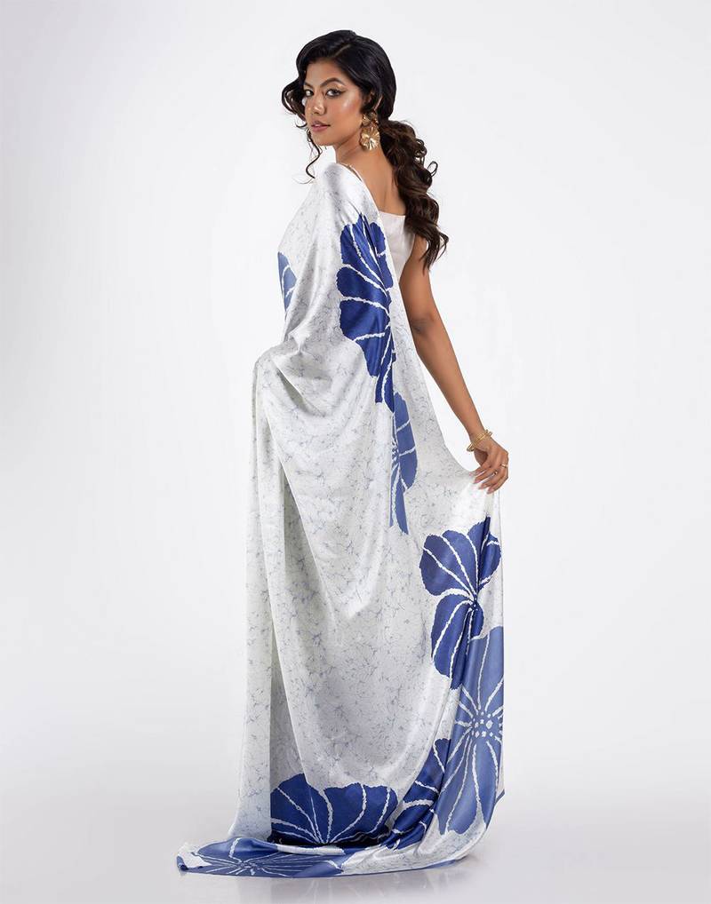 Blue printed satin saree with blouse piece