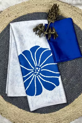 Blue printed satin saree with blouse piece