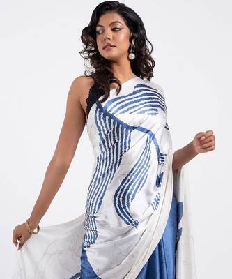 Blue printed satin saree with blouse piece 1