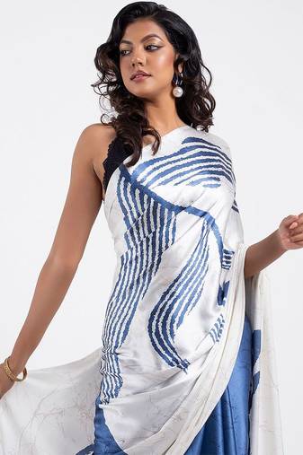 Blue printed satin saree with blouse piece