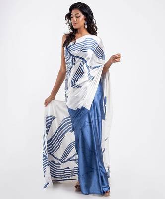 Blue printed satin saree with blouse piece 2