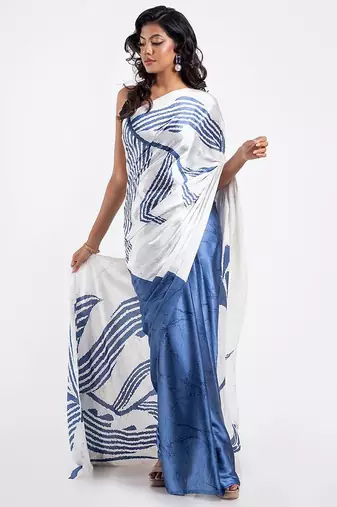 Blue printed satin saree with blouse piece