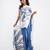Blue printed satin saree with blouse piece