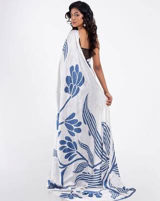 Blue printed satin saree with blouse piece 3