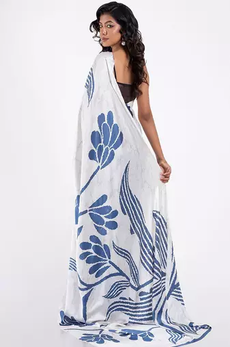 Blue printed satin saree with blouse piece