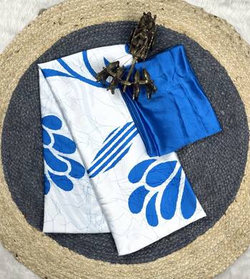 Blue printed satin saree with blouse piece 4