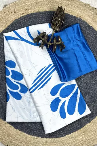 Blue printed satin saree with blouse piece
