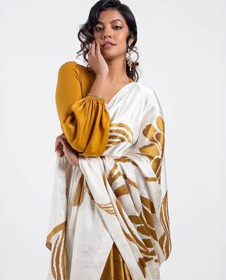 Beige printed satin saree with blouse piece 1