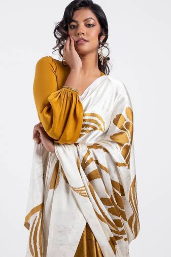 Beige printed satin saree with blouse piece