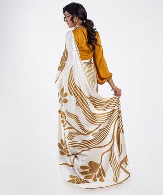 Beige printed satin saree with blouse piece 3