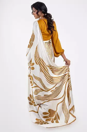 Beige printed satin saree with blouse piece