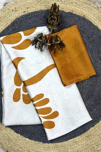 Beige printed satin saree with blouse piece