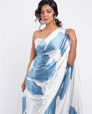 Blue printed satin saree with blouse piece 1