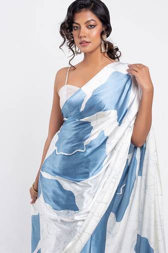 Blue printed satin saree with blouse piece