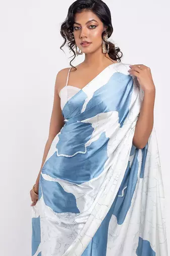 Blue printed satin saree with blouse piece