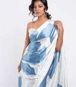 Blue printed satin saree with blouse piece