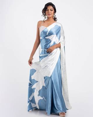Blue printed satin saree with blouse piece 2