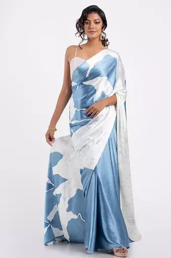 Blue printed satin saree with blouse piece