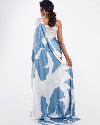 Blue printed satin saree with blouse piece 3