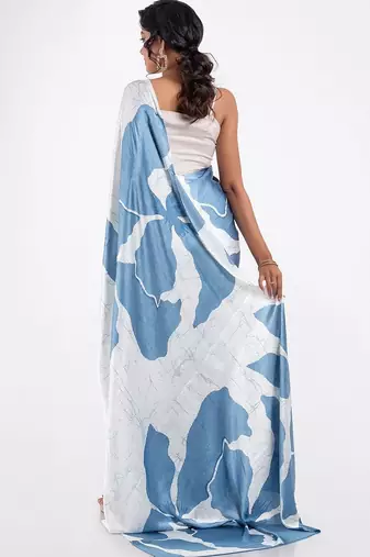 Blue printed satin saree with blouse piece
