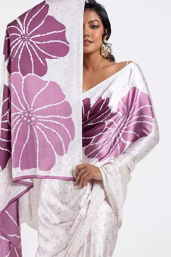 Wine printed satin saree with blouse piece