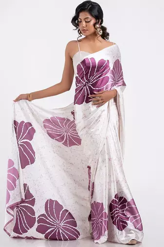 Wine printed satin saree with blouse piece