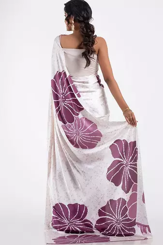 Wine printed satin saree with blouse piece
