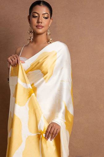 Yellow printed satin saree with blouse piece