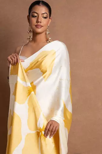 Yellow printed satin saree with blouse piece