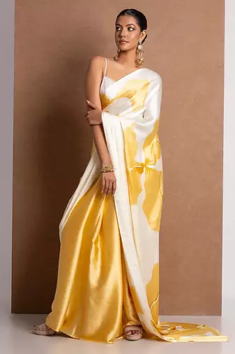 Yellow printed satin saree with blouse piece