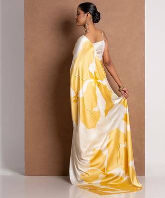 Yellow printed satin saree with blouse piece 3