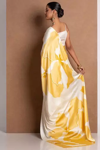 Yellow printed satin saree with blouse piece