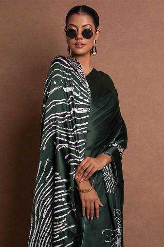 Black Greenish printed satin saree with blouse piece
