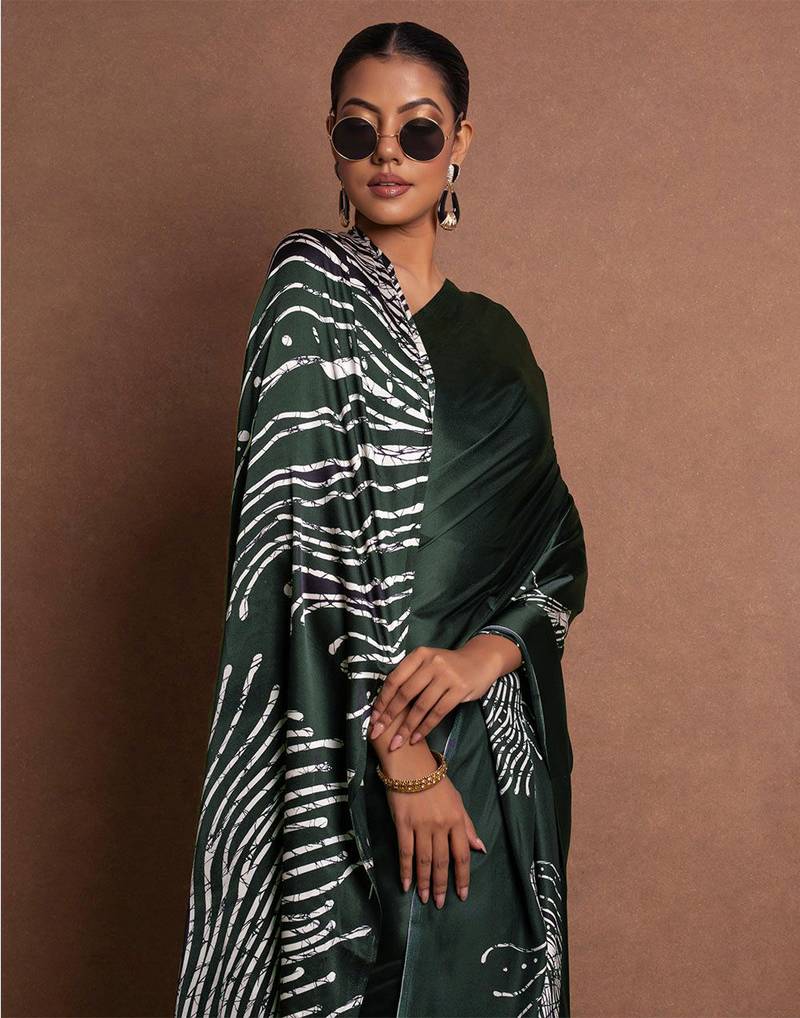 Black Greenish printed satin saree with blouse piece