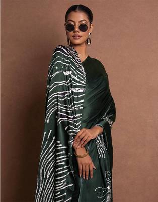 Black Greenish printed satin saree with blouse piece 1