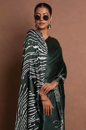 Black Greenish printed satin saree with blouse piece