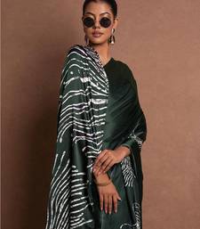 Black Greenish printed satin saree with blouse piece
