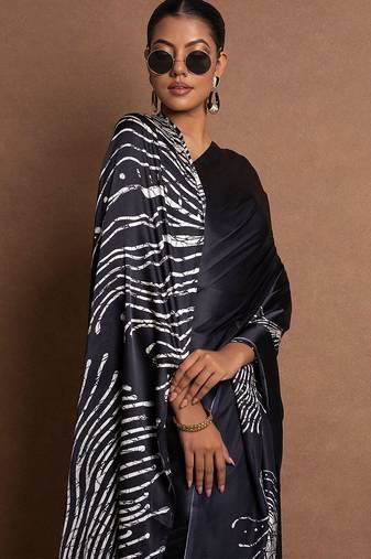 Black printed satin saree with blouse piece