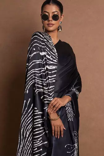 Black printed satin saree with blouse piece