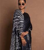 Black printed satin saree with blouse piece