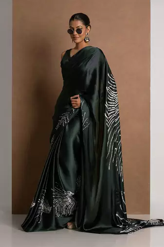 Black Greenish printed satin saree with blouse piece