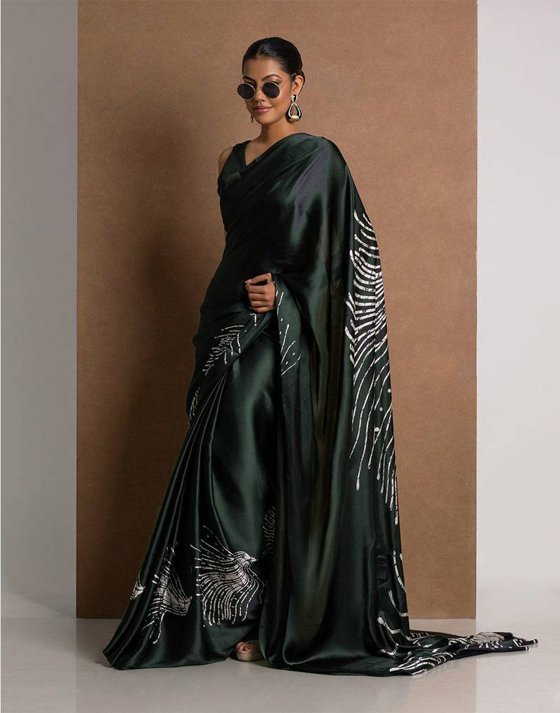 Black Greenish printed satin saree with blouse piece