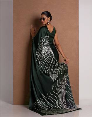 Black Greenish printed satin saree with blouse piece 3