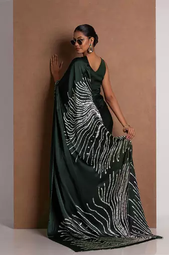 Black Greenish printed satin saree with blouse piece