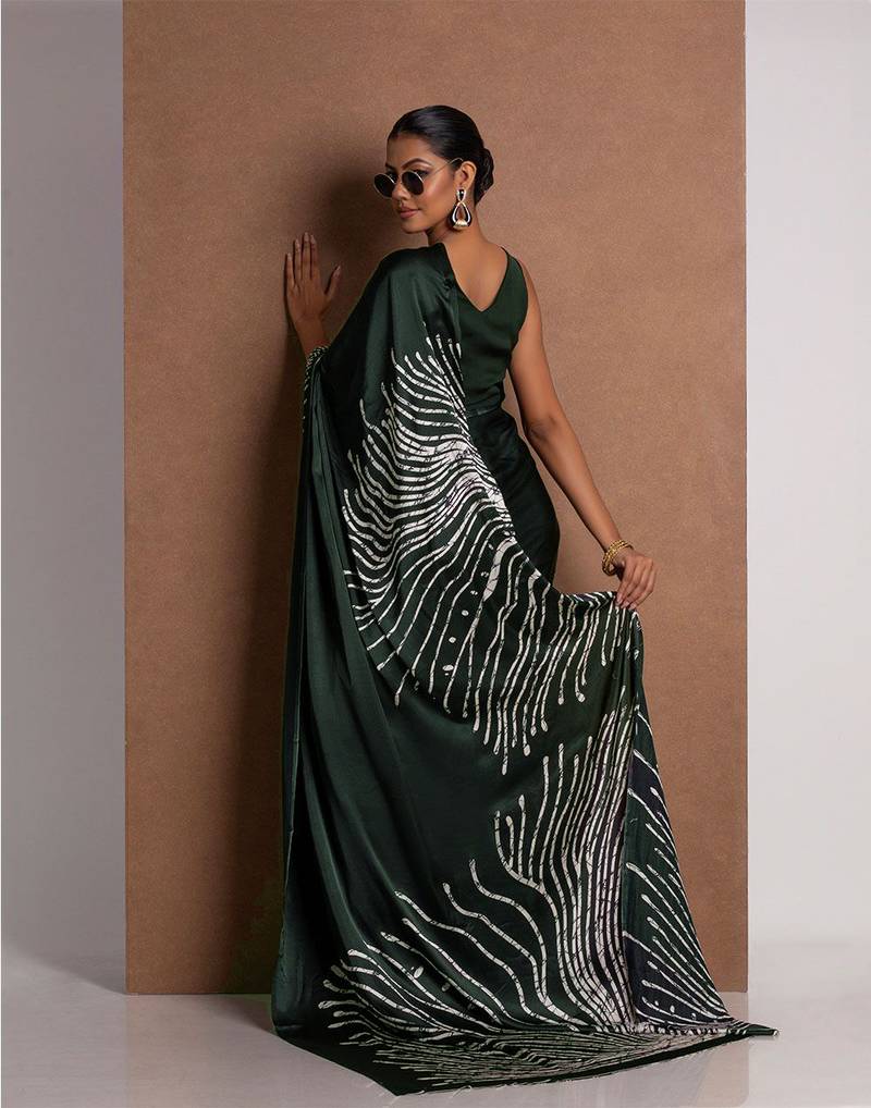 Black Greenish printed satin saree with blouse piece